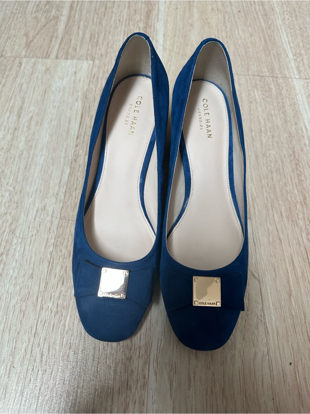 Cole Haan Navy Suede Low Block Heel Pumps with Gold Accent